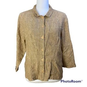 FLAX 100% Linen Tan Brown Button Front Boxy Top Small Lagenlook Artsy